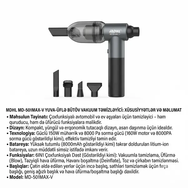 Əl simsiz tozsoran MDHL MD-501MAX-V 160 W 500 ml boz-qara — tozsoranlar