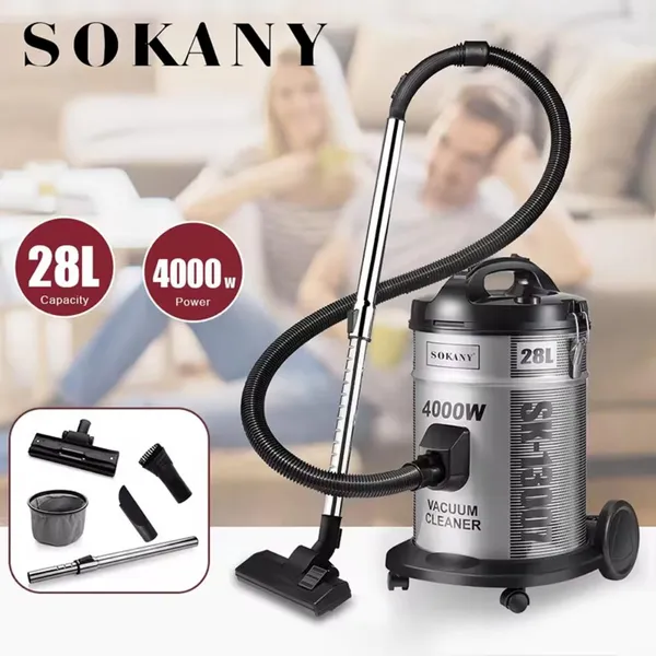 Sənaye tozsoranı Sokany, Vertikal, Quru, 28 L, Ara üçün başlıq, Döşəmə və xalça üçün taxma, Sərt səthlər üçün, Sorma boruları x2 (0.5 m və 35 mm), Gümüşü — tozsoranlar