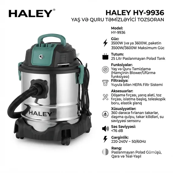Sənaye tozsoranı Haley HY-9936, Quru/Nəm, 25 L, Gümüşü/Qara/Yaşıl, 3600 Vt — пылесосы