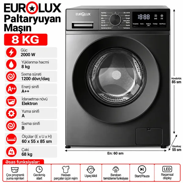Eurolux, Qara, 6 kq, 1000 dövr/dəq — стиральные машины