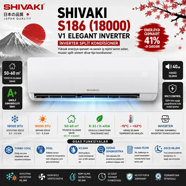 Shivaki S186, split-sistem, 18000 BTU/saat, inverter, ağ — kondisionerlər