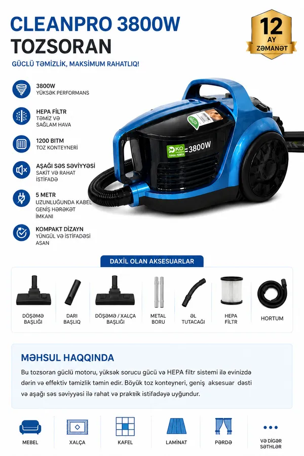 Ramossi CleanPro HEPA 3800 Vt Quru Konteyner 2.5 l Mavi — пылесосы
